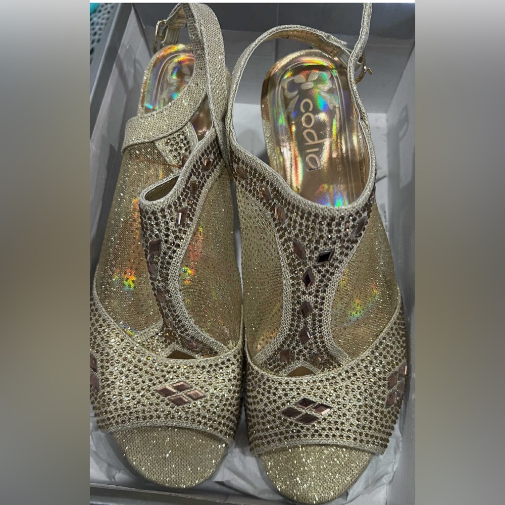 Gold Heeled Shoes with Intricate Embellishments Brand Codia